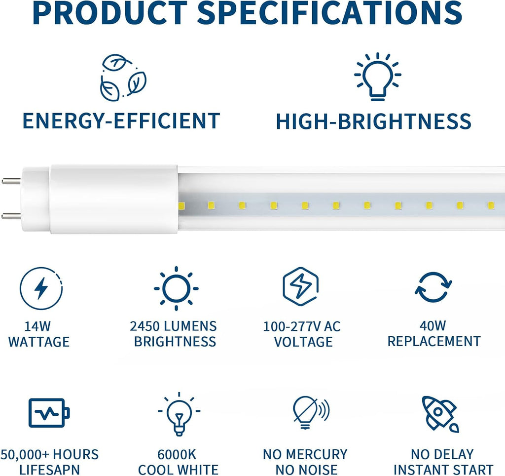 T8 LED Bulbs 4 FT, 14W 2450LM 6000K, Type A+B, Clear Cover