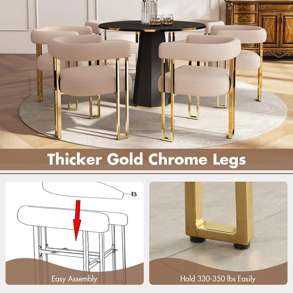Velvet Dining Chairs Set of 6, Khaki Upholstered Barrel Armchairs with Gold Metal Legs Island, Mid Century Modern