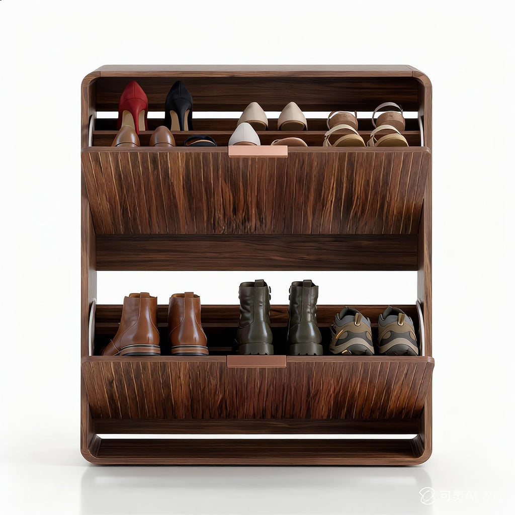 Modern Shoe Cabinet with 2 Flip Drawers, Fluted Panel Freestanding Wood Organizer, Walnut