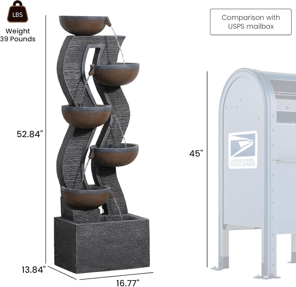 52.8" Tall Outdoor Water Fountain with Lights, 6-Tier Cascading Resin Waterfall Feature