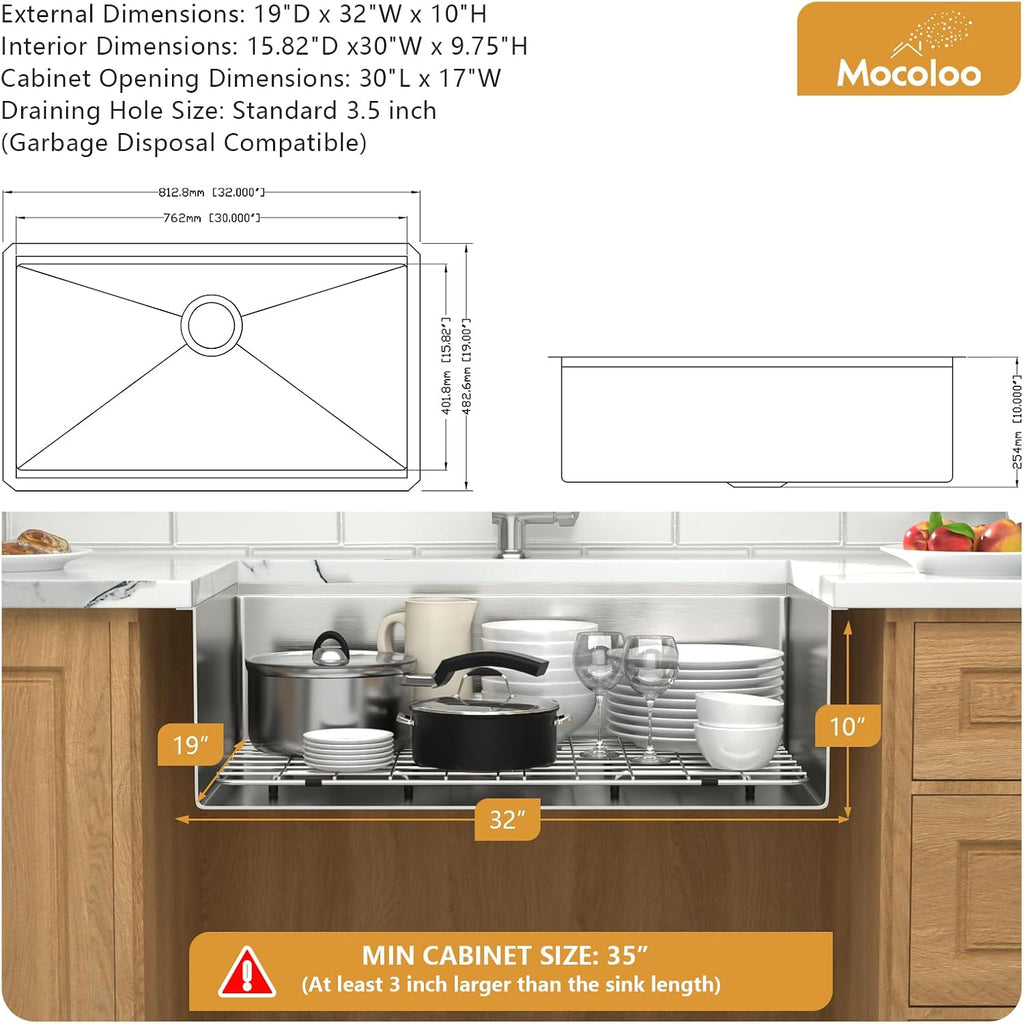 32 Inch Undermount Kitchen Sink - 32 x19 Kitchen Sink 16 Gauge Stainless Steel Deep Single Bowl Handmade Under