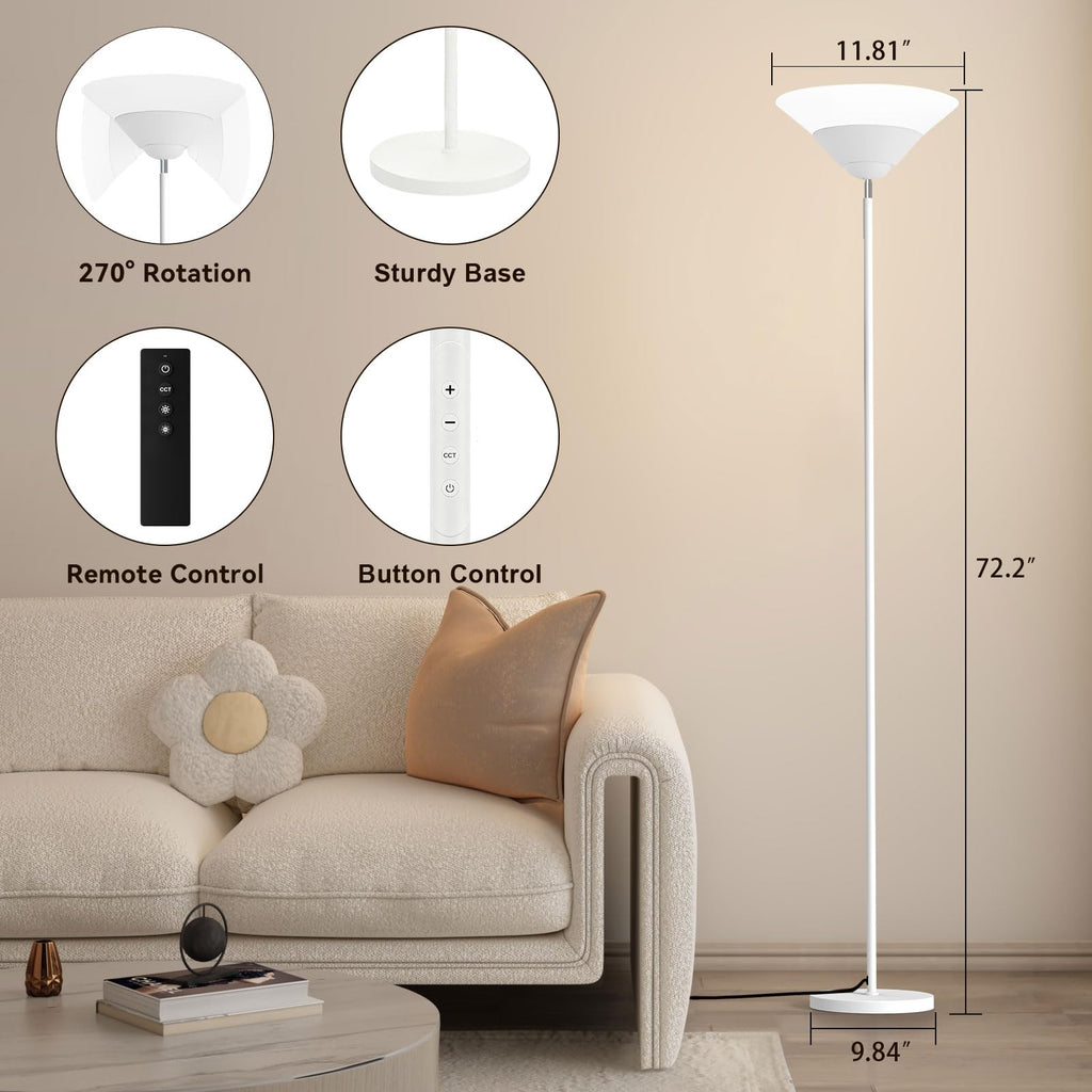 Torchiere Floor Lamp, 30W Dimmable LED Standing Lamp with Remote/Button Control, 1800Lm, 3000-6500K, 72in Bright