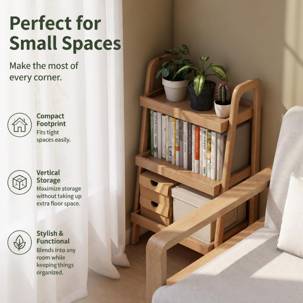 Small Bookshelf for Small Spaces, Oak Ladder Shelf, Solid Wood Bookcase