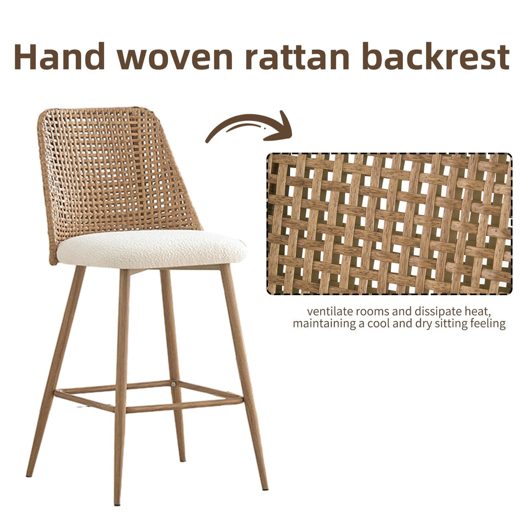 Rattan Bar Stools Set of 2, Modern Upholstered Counter Height Bar Stools with PE Rattan Back, 26" H Seat Height Bar