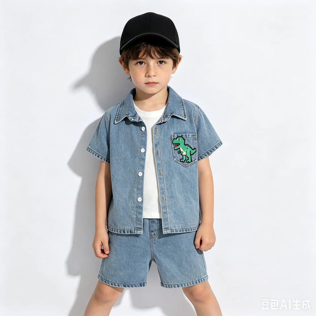 Klyatpxen 2Pcs Toddler Boys Denim Outfit Short Sleeve Button Up Jean Jacket Denim Shorts Summer Spring Clothing Set