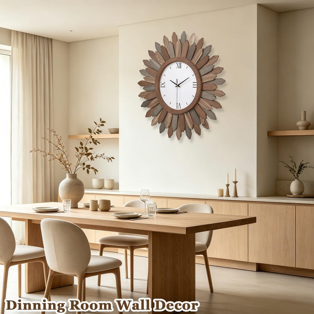 24 Inch Large Wall Clock Battery Operated Silent Rustic Wood Boho Sunburst Decorative Wall Clocks Kitchen Bedroom