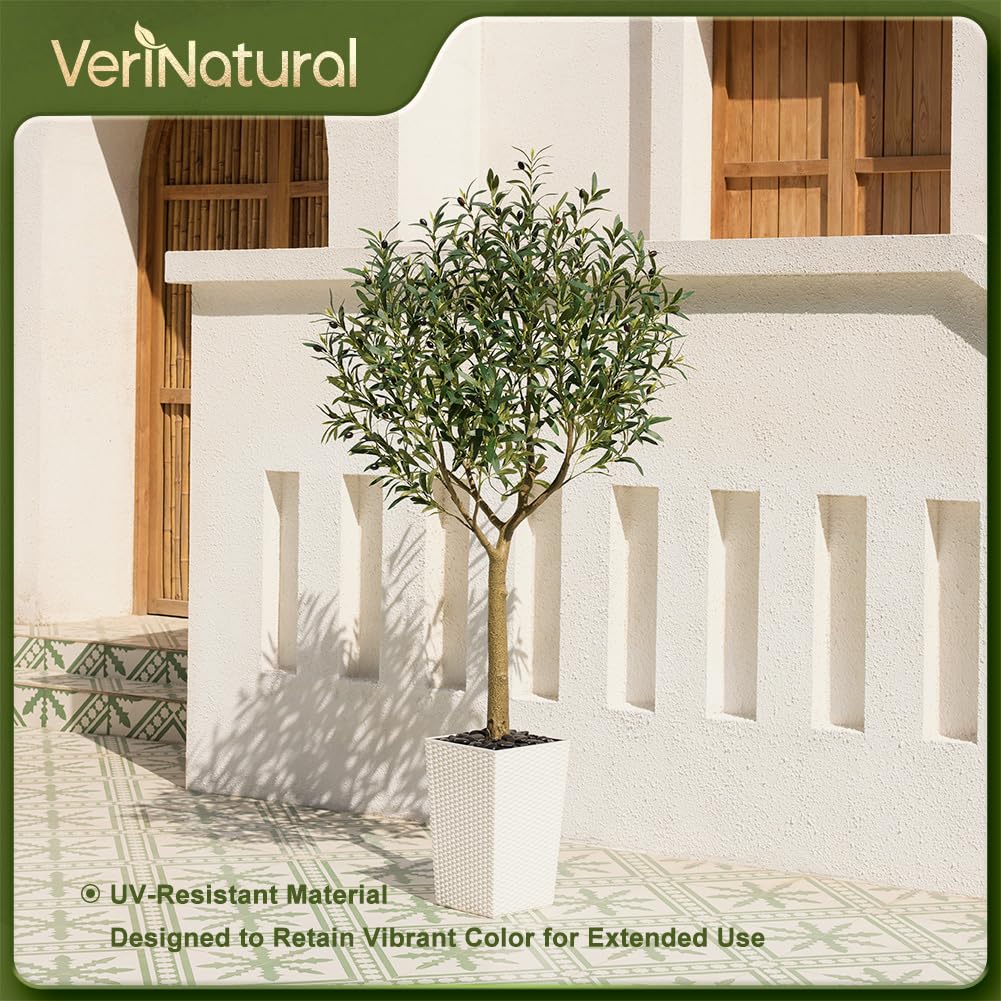 Artificial Olive Tree 6FT, UV Resistant Tall Fake Tree Indoor Outdoor with White Taper Planter & Pebbles - Potted