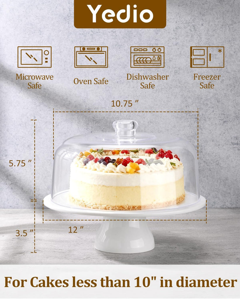 12 Inch Porcelain Cake Stand with Acrylic Dome Lid, White Pedestal