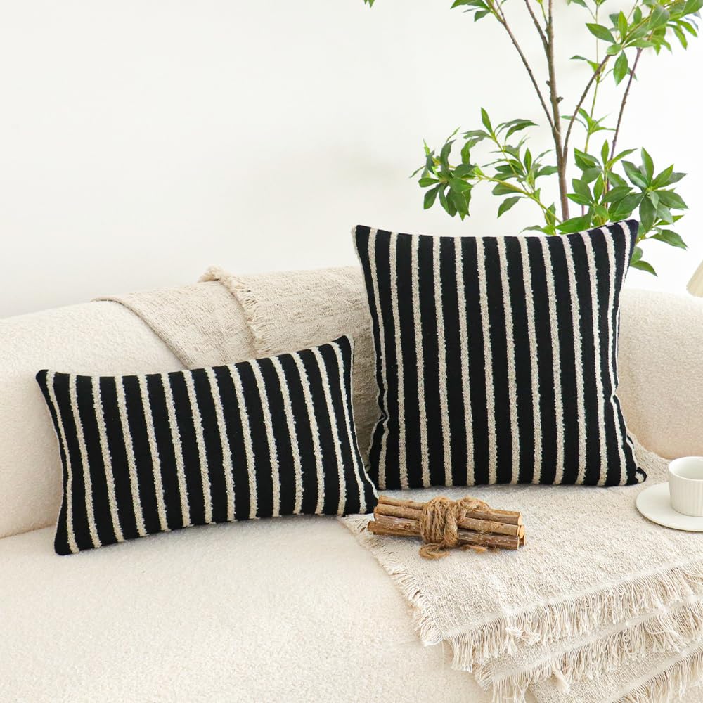 Black Striped Lumbar Boho Throw Pillow Cover, Modern Boucle Textured Rectangle Pillowcase for Sofa Couch Bed, Neutral