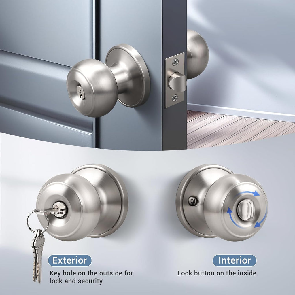2 Pack Brushed Nickel Door Knob with Lock and Key, Keyed Alike, Exterior Keyed Door Knobs Lock with Same Keys in