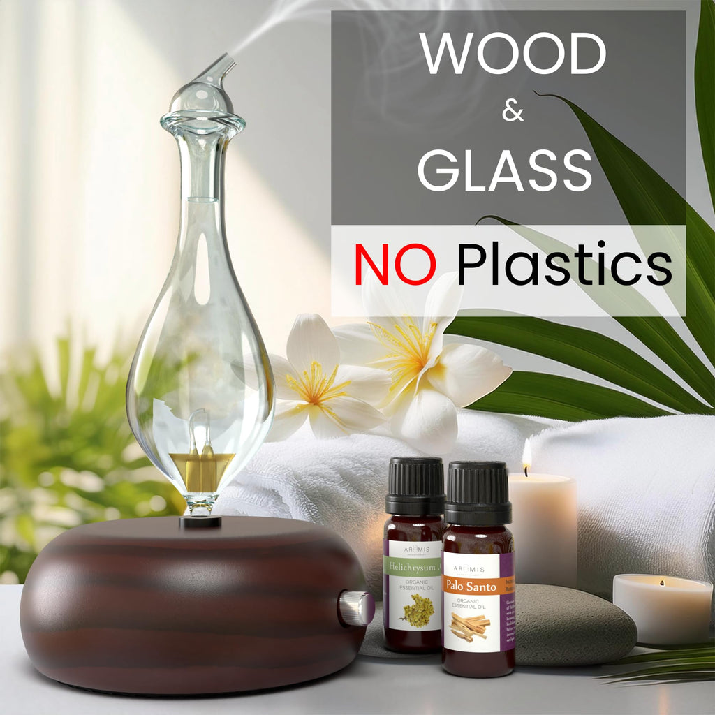 Premium Glass Essential Oils Nebulizer - Waterless Diffuser for Aromatherapy - Handmade Oil Diffuser, Wooden Base, No