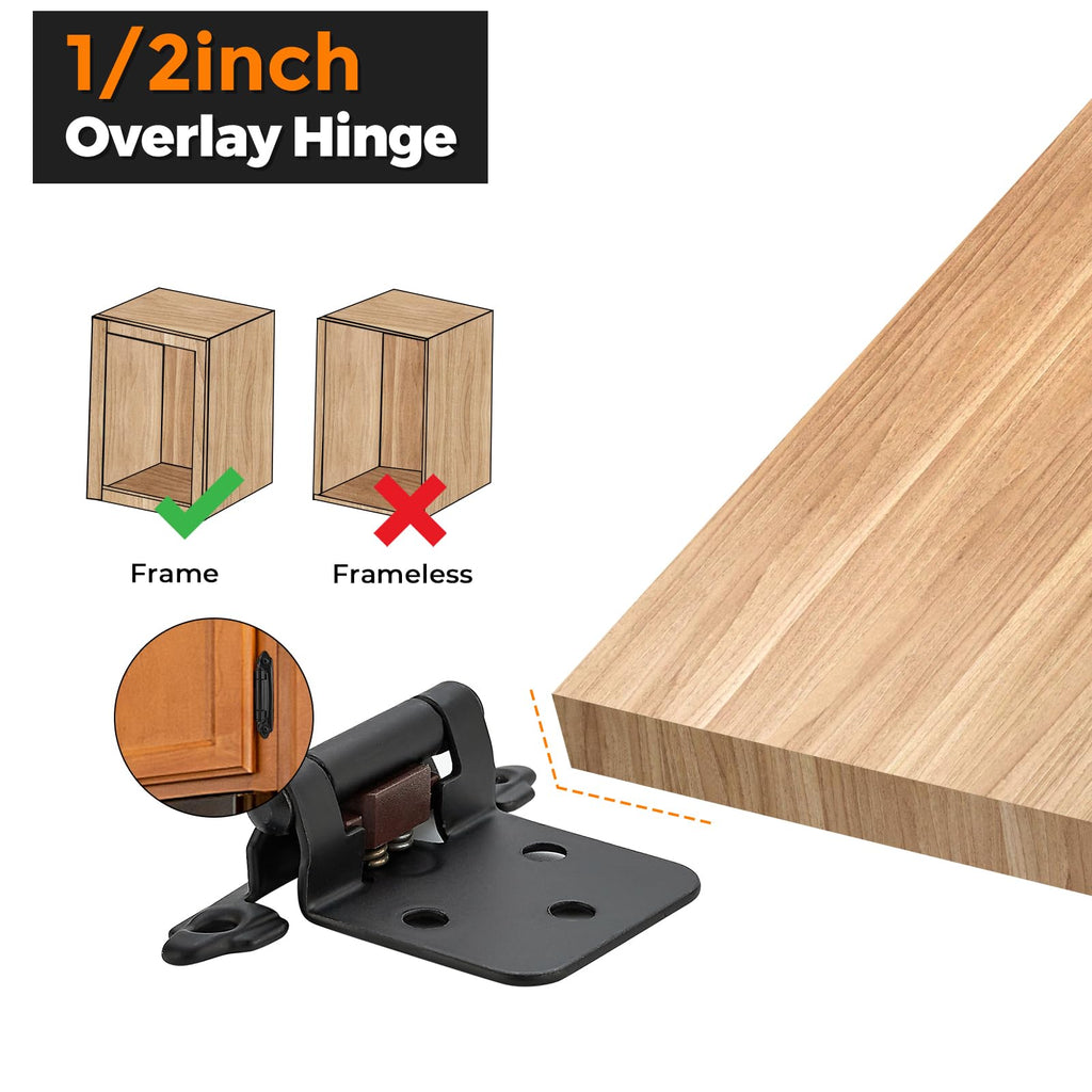 Matte Black Cabinet Hinges, 1/2 Inch Overlay, 4 Pack (2 Pairs)