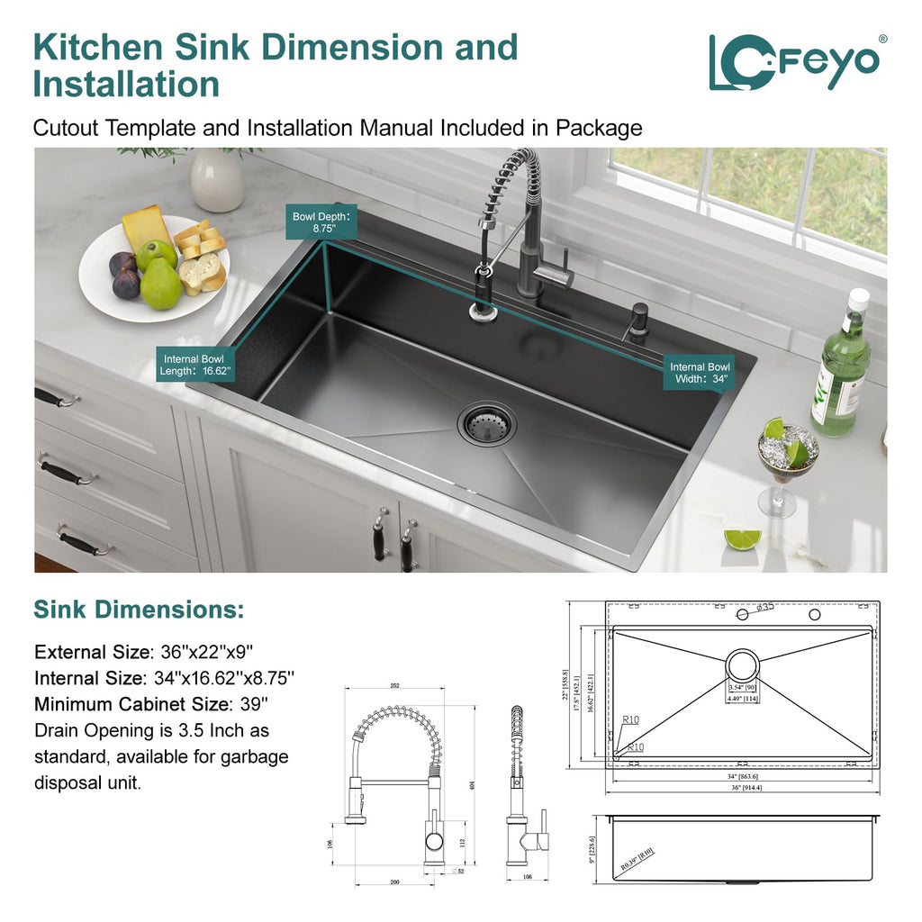36 Inch All-In One Black Kitchen Sink with Pull-Out Faucet Workstation Drop In Large Single Bowl 304 Stainless Steel