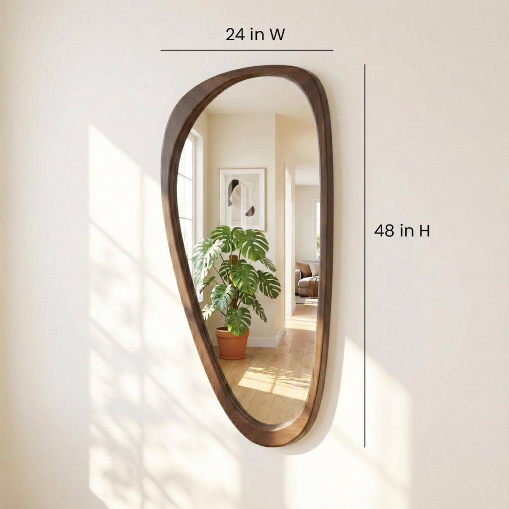 48x24 Inch Dark Walnut Large Irregular Solid Wood Wall Mirror