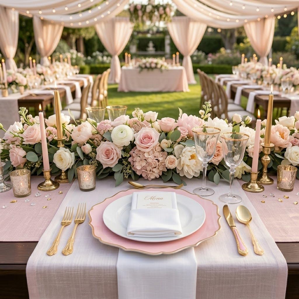 13" Scalloped White and Pink Charger Plates with Gold Rim, Set of 6 Elegant Plastic Dinner Chargers for Wedding