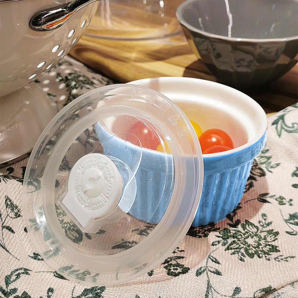 Porcelain Set with Lid, 240 ml / 8 Fl Ounces, Creme Brulee Souffle Cup for Baking, Set of 6, Blue