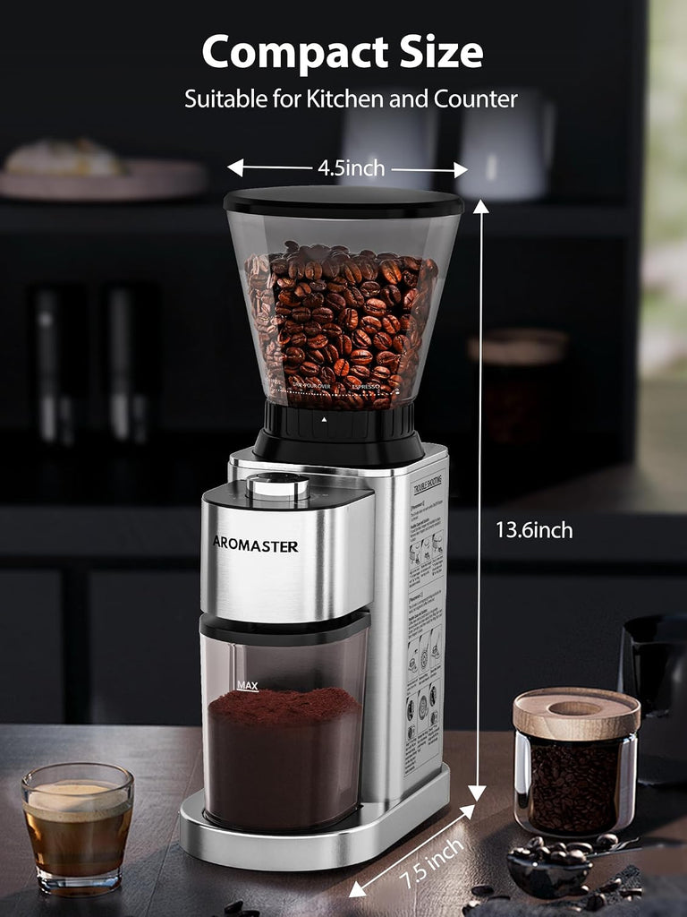 Conical Coffee Bean Grinder, 48 Settings, Anti-Static, Sliver | Stainless Steel, 40S Adjustable Timer, Removable
