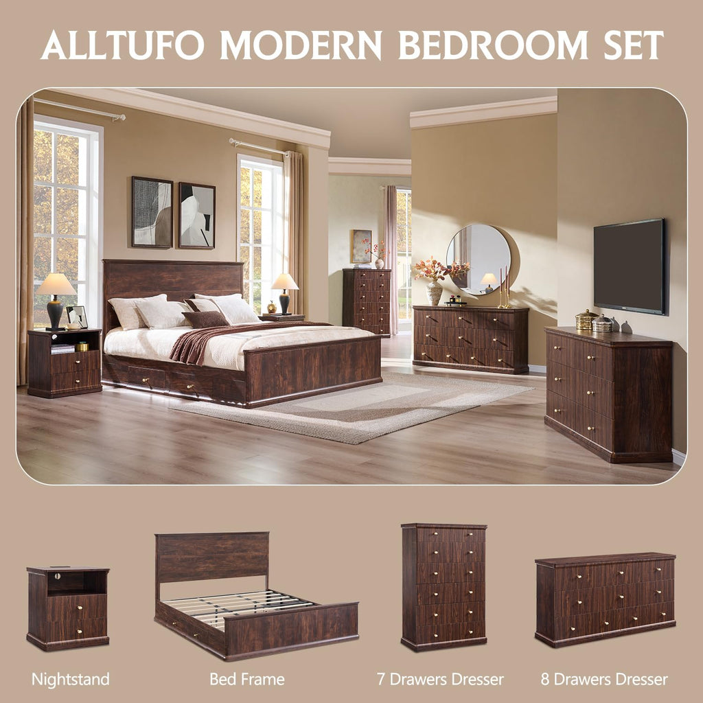 Modern 7 Drawers Dresser, 48" Tall Dressers, Dark Walnut