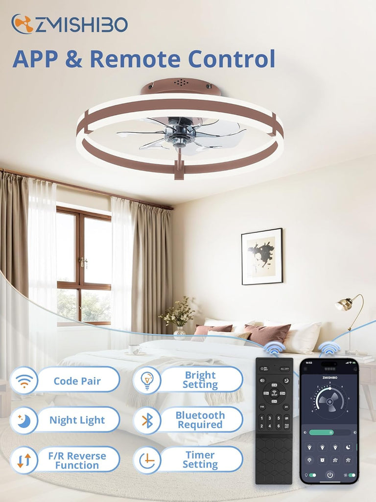 Ceiling Fans with Lights and Remote, 19.7'' Low Profile Ceiling Fan, 3000-6000K Dimmable Modern Flush Mount LED Fan Light, 6 Wind Speeds, Brown Fandelier Ceiling Fans for Bedroom A101-B0F1CCS35J