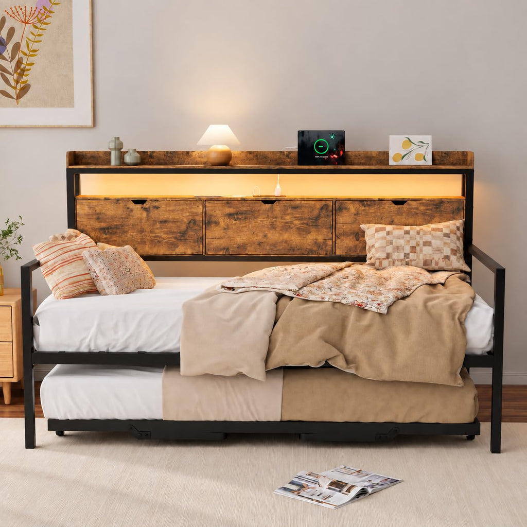 MU Twin Daybed with Trundle, Pop-Up Twin-to-King Bed, Rustic Brown