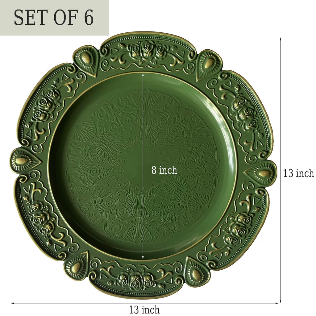 13" Green Charger Plates Set of 6 Floral Embossed Chargers for Dinner Plates, Round Server Ware Charger Plates for