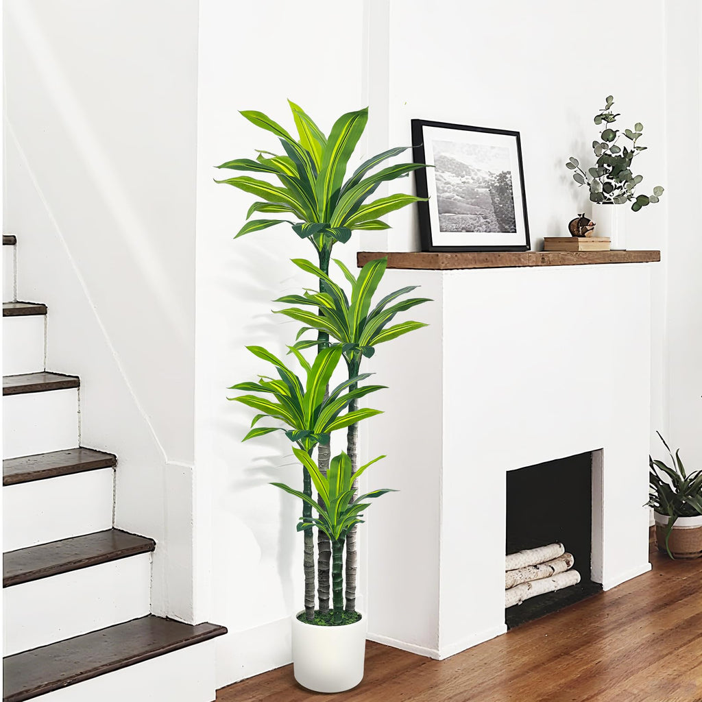 Artificial Dracaena Tree 6ft, Tall Fake Dracaena Plants with White Planter, Faux Dragon Tree Indoor Floor Plant Decor