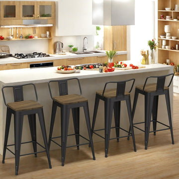 Black Bar Stools Set of 4, Metal Bar Stools with Wooden Seat, Modern 24"Counter Height Barstools with Low Back