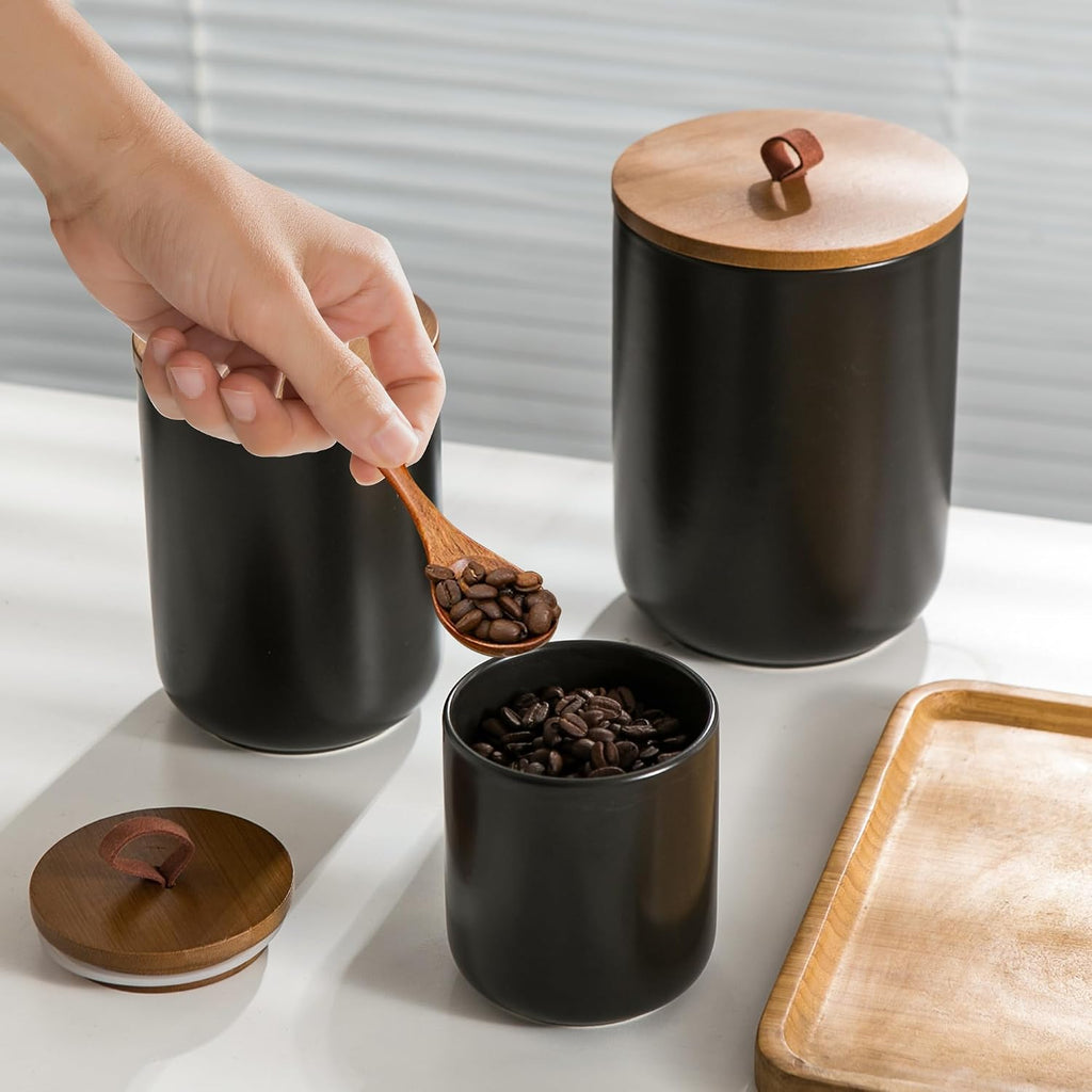 Black Ceramic Canister Set with Wooden Lid, 3-Piece Food Storage Jars Counter, Storage Container for Coffee, Tea - Set of 3