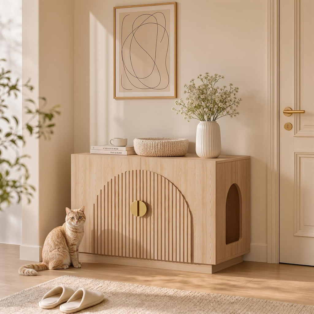 Cat Litter Box Enclosure Furniture, 31.5" Arched Fluted Cabinet