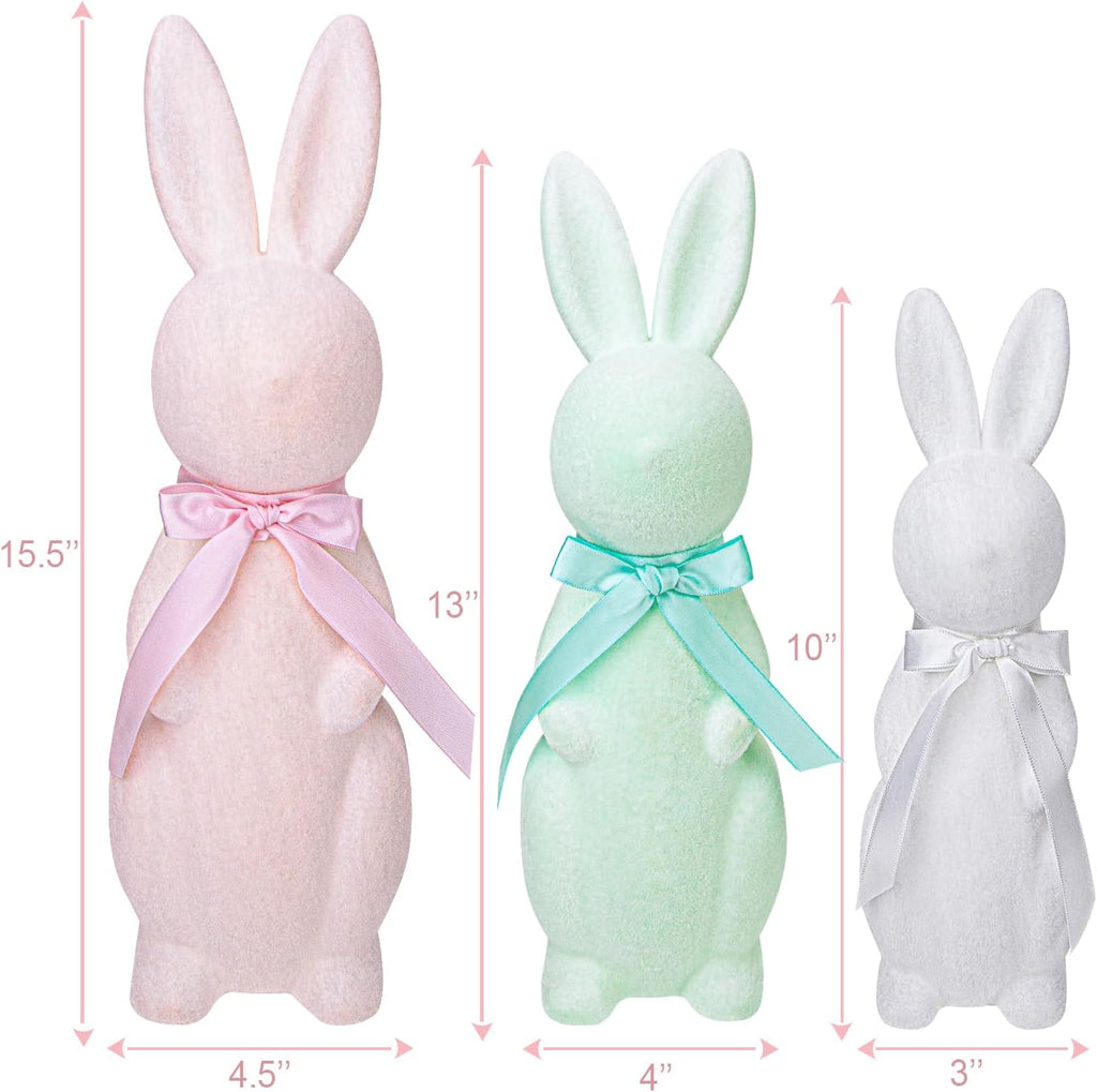 Easter Decorations - 3 Pack Pastel Flocked Bow-Tied Bunny Set (10", 13", 16") - Spring Table Centerpieces Decor - Set of 3