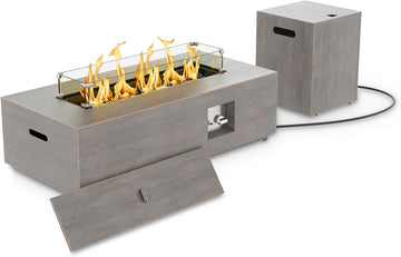 42" Rectangular Propane Fire Pit - 50,000 BTU Fire Table with Wind Guard Glass, Lid, Rocks and Cover