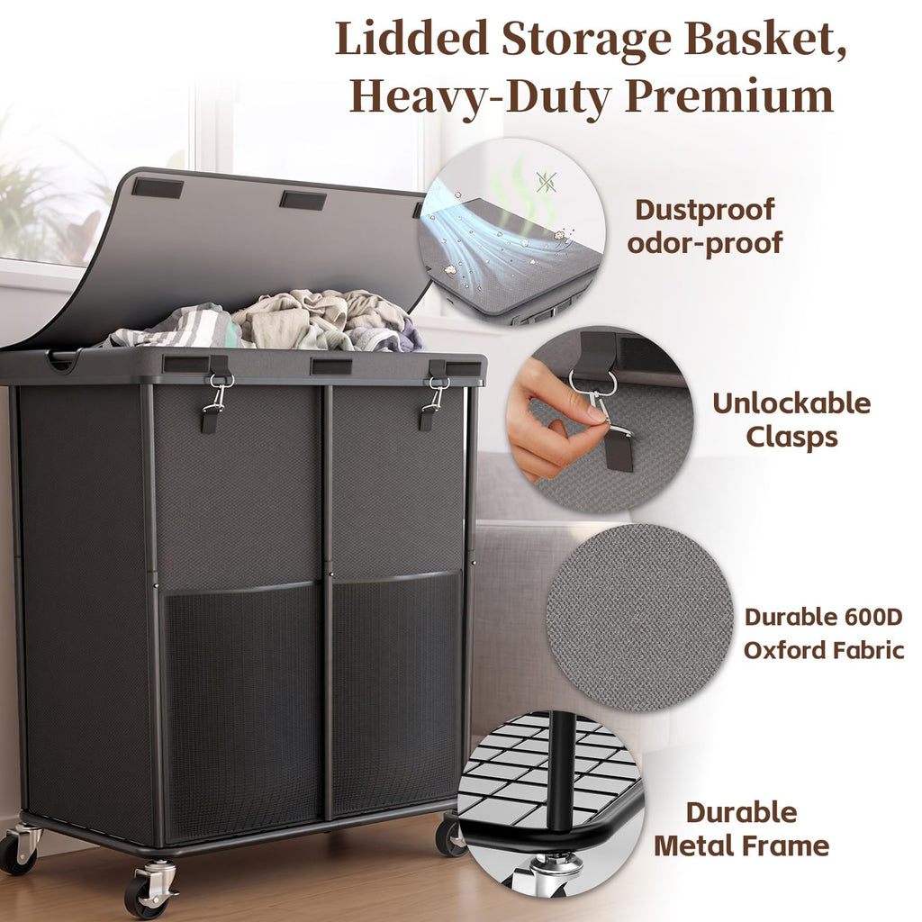 Hamper with Wheels and Lid, 225L Large Rolling Laundry Basket Gray