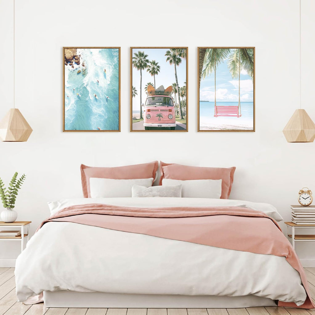 Large Summer Beach Surfing Scene Framed Canvas Wall Art Set, Coastal Pink Van and Surfboards Wall Decor, Trendy Beach