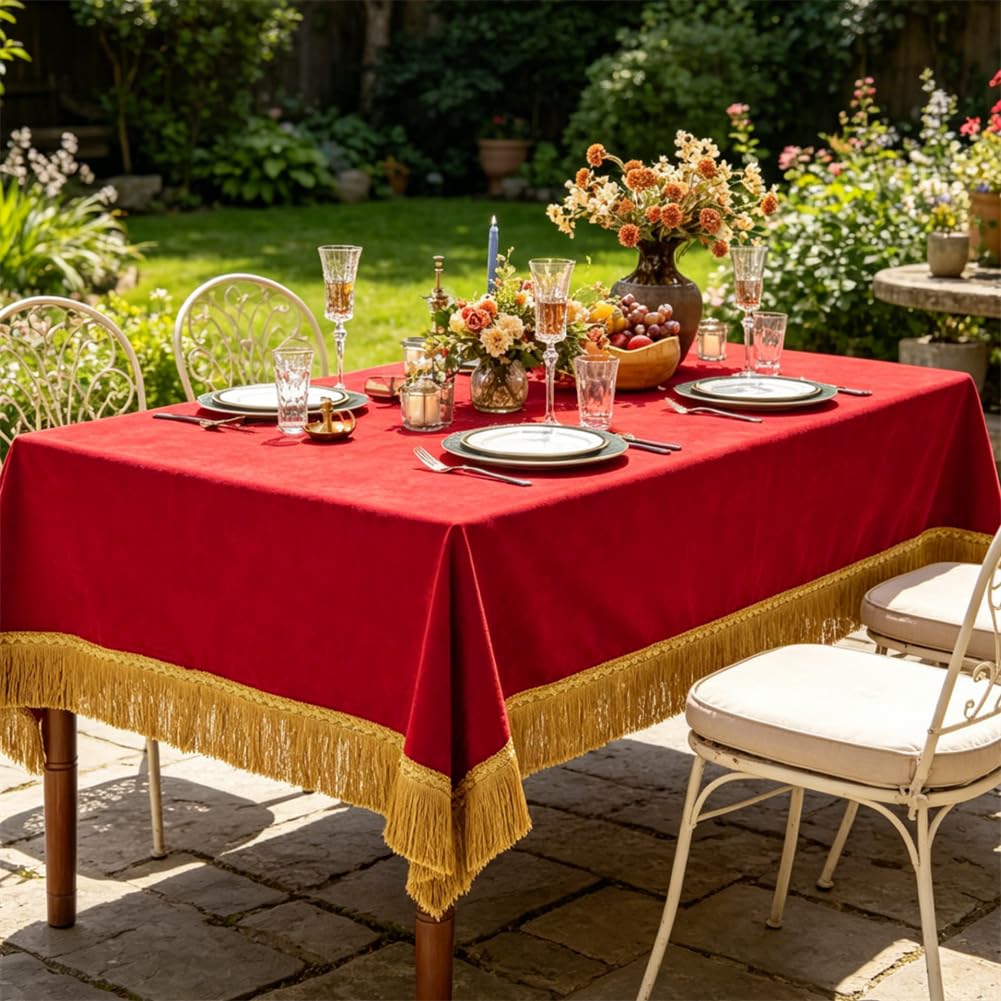 Rectangular Velvet Tablecloth, Vibrant Red Velvet with Luxurious Gold Tassel Fringe, Heavy‐Thick Table Cover for