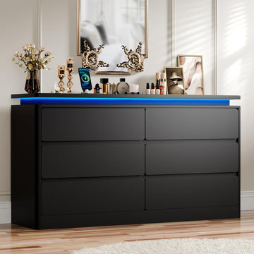 6 Drawer Dresser , 47.2" Black Chest of Drawers w/LED Lights | Double Wooden Closet Storage Cabinet with Charging