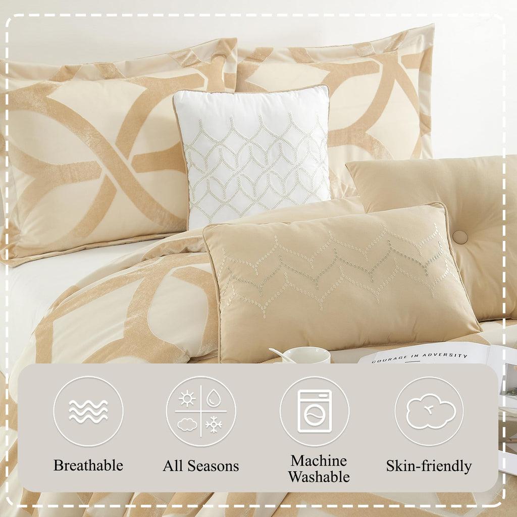 Gold Comforter Set King, Polyester Geometric 7 Piece Bedding, Jacquard with Matching Solid Microfiber Piece Work, All