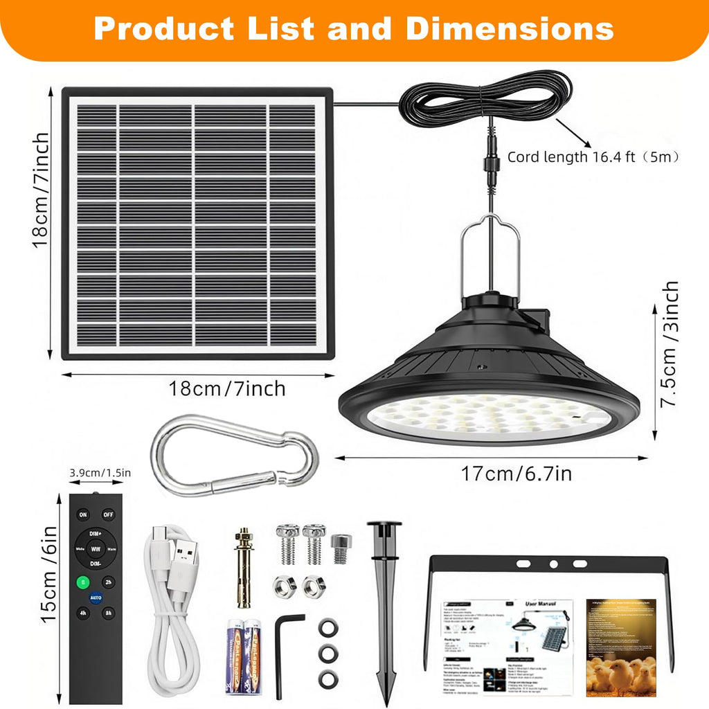 Solar Chicken Coop Light with Timer | 3-Color Dimmable LED, IP66 Waterproof & 16.4ft Cord | Hanging Ceiling Pendant