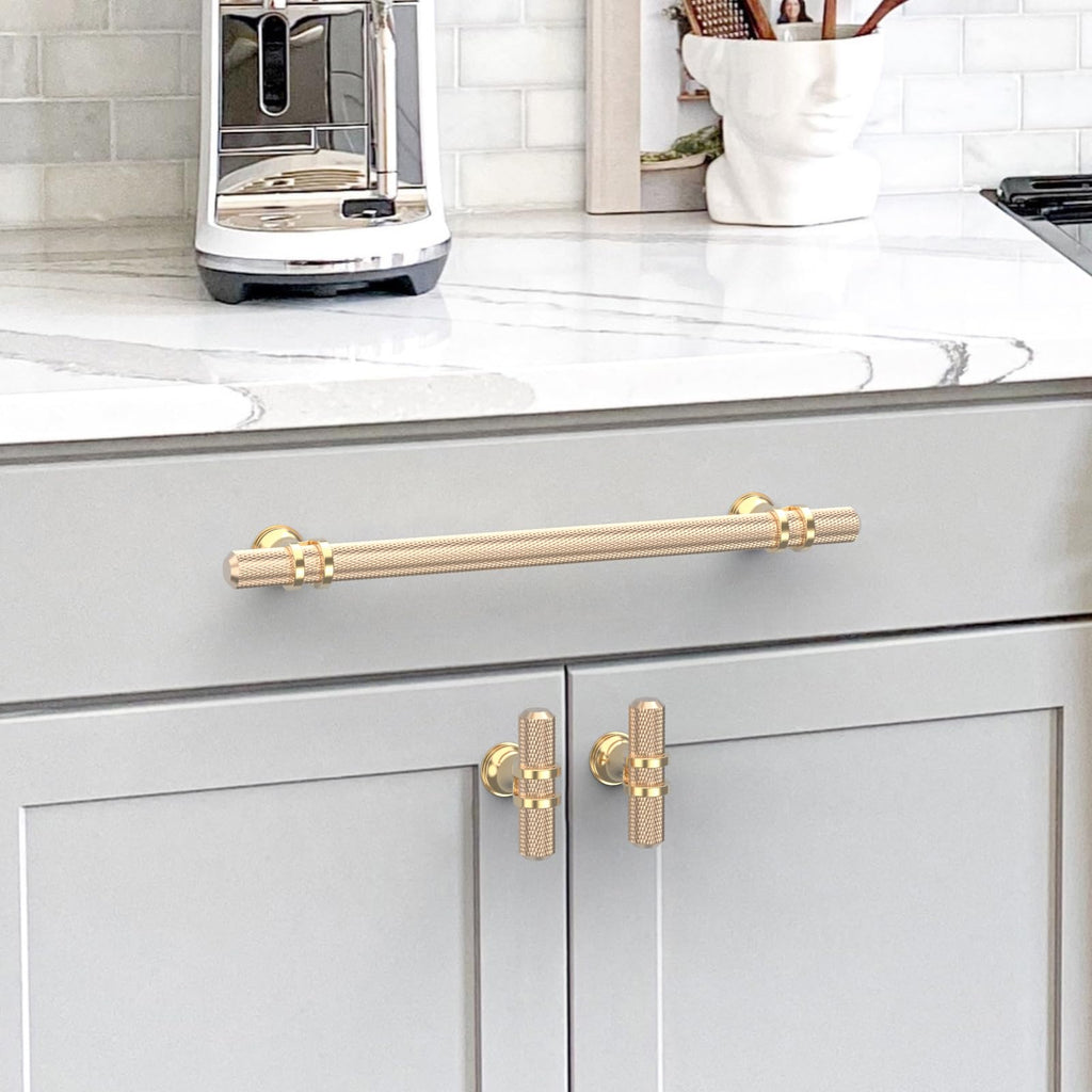 10 Pack 7"(177mm) Gold Cabinet Pulls Knurled Kitchen Cabinet Handles Drawer Pulls Brushed Brass Cupboard Hardware for