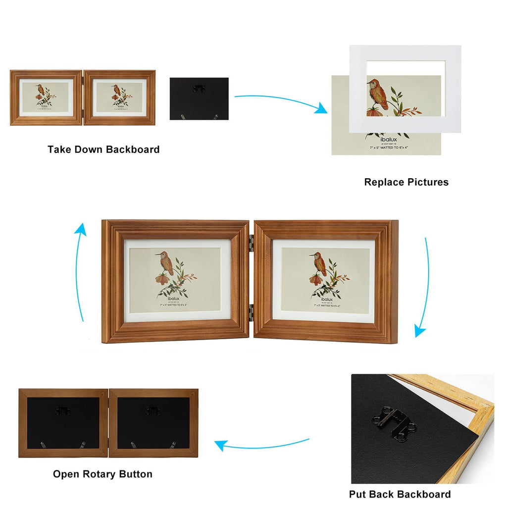 5x7 Double Hinged Picture Frame, 2 Folding Photo Frame, Walnut-colored Pine Wood with Real Glass, Display Pictures