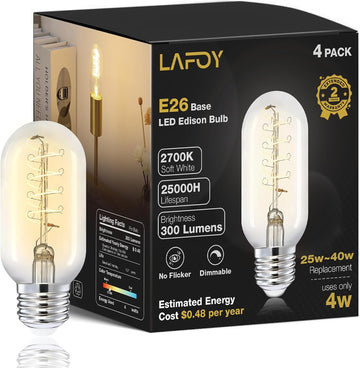 T45 Soft White Edison Bulbs, Dimmable E26 LED 40 Watt Equivalent 4 Pack