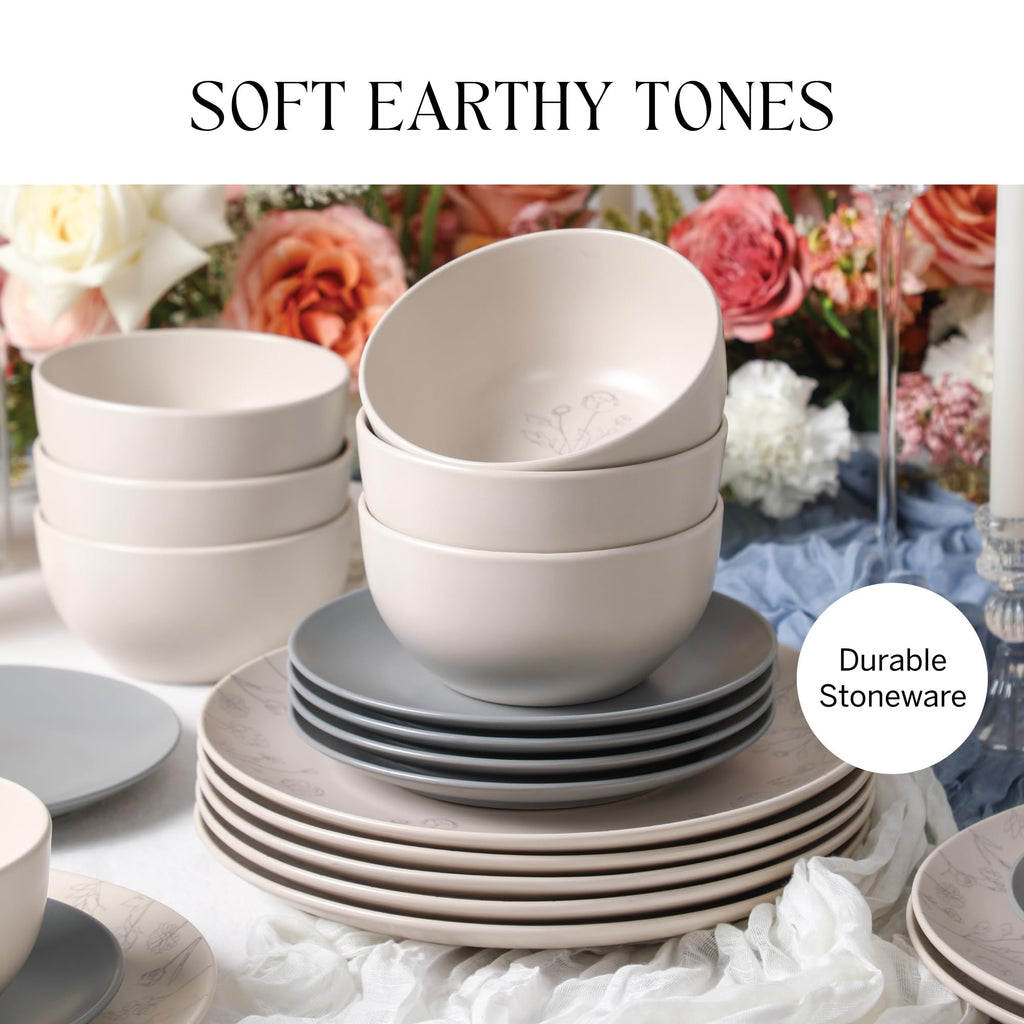 Lain Camelia 12-Piece Stoneware Dinnerware Set, Dinner Plates, Salad Plates & Bowls, Service for 4, Dishwasher &