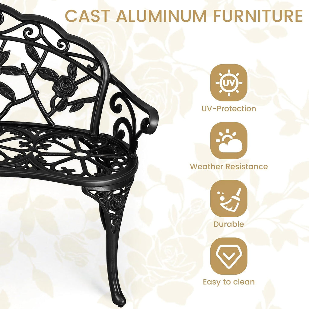Cast Aluminum Garden Bench, Patio Bench Bronze | Antique Floral; Durable Weather Resistant Finish; Elegant Rose