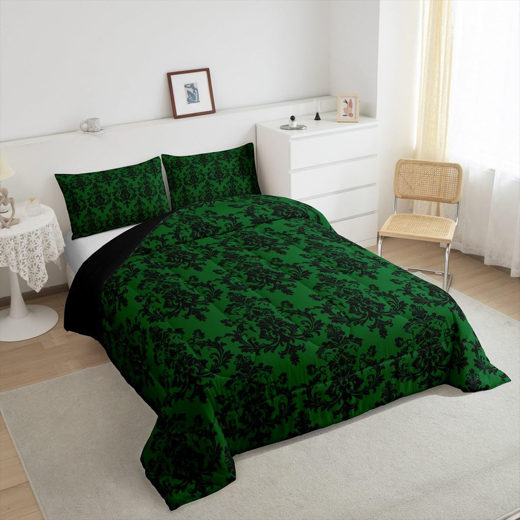 Green Black Damask Bedding Sets Full Size, Antique Victorian Baroque Boho Reversible Down Comforter Breathable