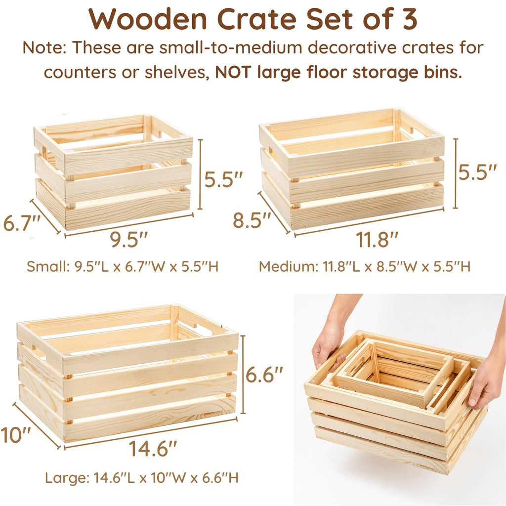 Set of 3 Small to Medium Rustic Wooden Nesting Crates with Handles, Decorative Tabletop Wooden Storage Box Counter