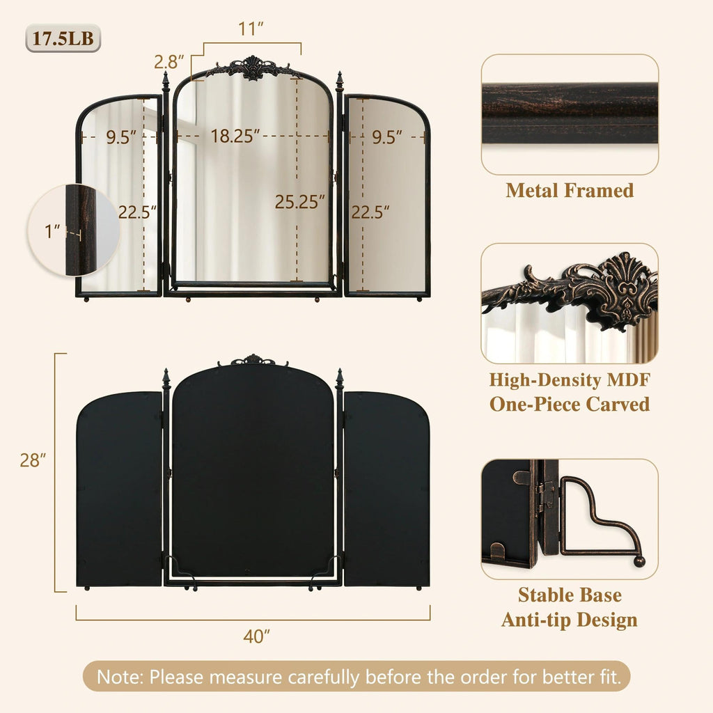 Black Vanity Trifold Mirror: 40"x28" Vintage Arch Three Way Mirror
