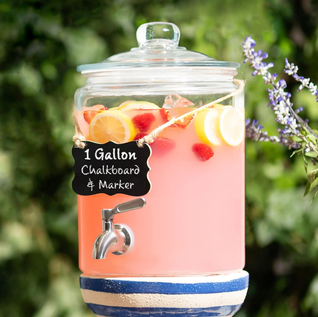 1 Gallon Beverage Dispenser with Stainless Steel Spigot + Marker & Chalkboard 100% Leakproof Glass Drink Dispenser