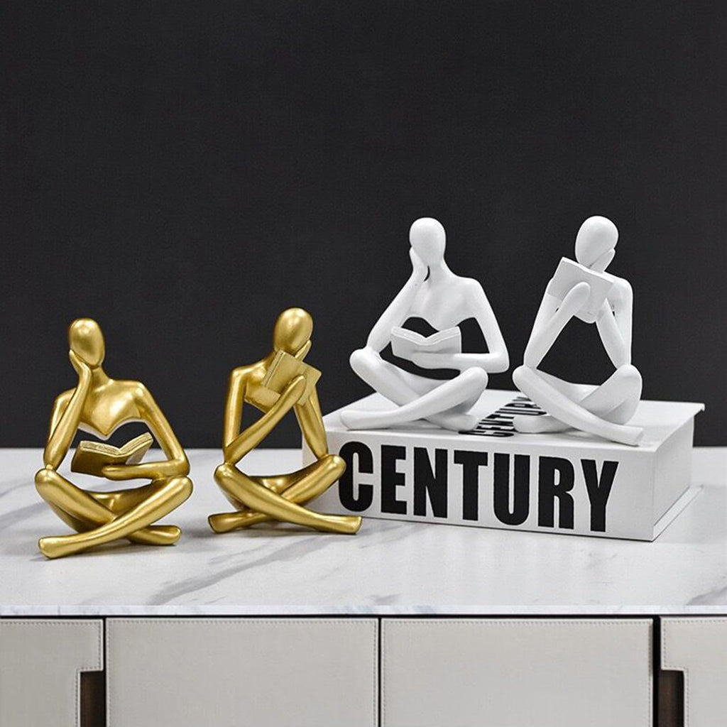 2 Pieces Home Decor White Reading Thinker Statue Modern Figurines Abstract Aesthetic Sculpture Thinker Resin Statue
