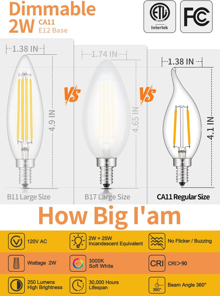 2W E12 LED Candelabra Bulb CA11 3000K Soft White, 12 Pack