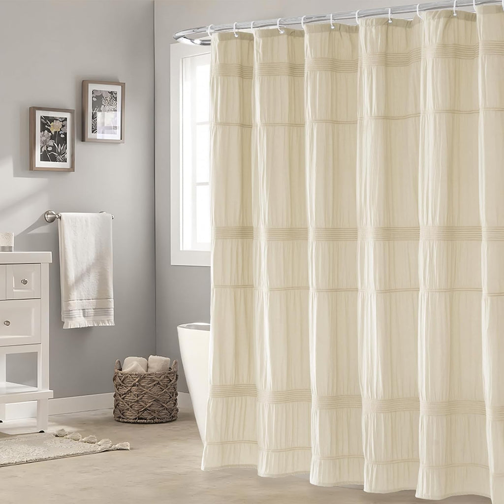 Beige Shower Curtain Rustic Farmhouse Shower Curtain 72 x 72 | Cotton-blend fabric, pinched pleats, textured woven