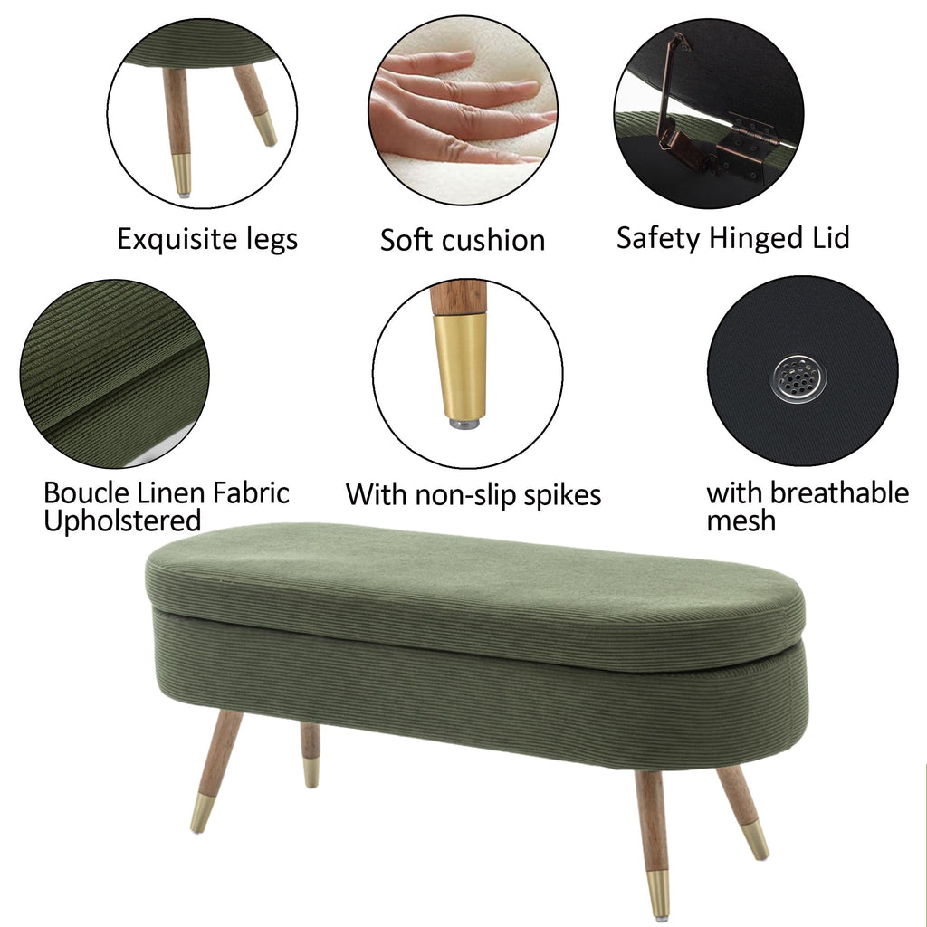 Oval Storage Bench 43.5" Ottoman Bench Upholstered Boucle Fabric Footrest Bench with Golden Metal Legs End of Bed